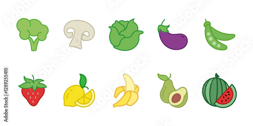 Vegetables and fruits icon set colored. Healthy food symbol. Organic vegetable and fresh fruit vector illustration. Natural nutrition sign. Grocery and market pictogram. Farm harvest and diet concept.