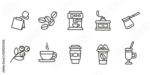 Coffee icon set. Caffeine drink symbol collection. Espresso machine vector illustration. Roasted beans and coffee grinder sign. Coffee mug pictogram. Latte, cappuccino and americano beverage concept.