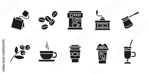 Coffee icon set black. Caffeine drink symbol collection. Espresso machine vector illustration. Roasted beans and coffee grinder sign. Coffee mug pictogram. Latte, cappuccino and americano beverage.