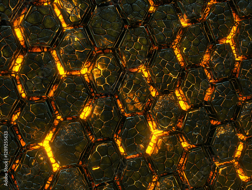 Futuristic honeycomb pattern with glowing edges and metallic surfaces photo