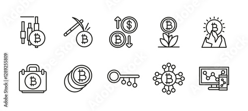 Crypto icon set. Bitcoin and blockchain symbol collection. Digital currency vector illustration. Mining, investment and finance sign. Decentralized payment and transaction pictogram.