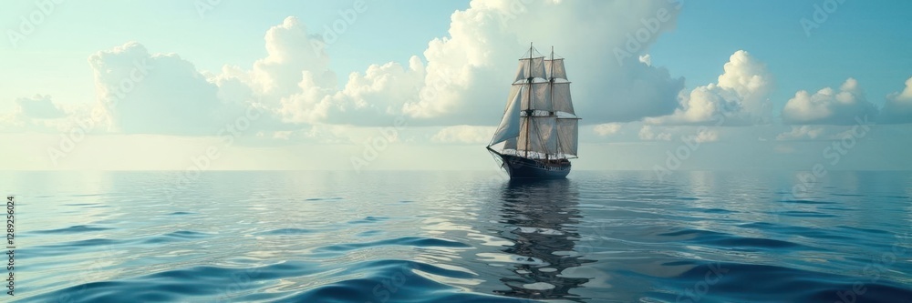 Frigate barque barrels across the surface of the calm sea, sea, vessel Frigate barque barrels across the surface of the calm sea, sea, vessel