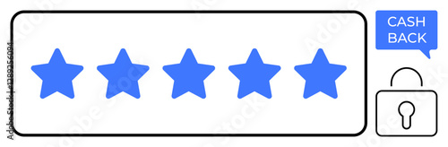Five blue stars in a horizontal row indicating a high rating. Blue Cash Back badge and padlock icon emphasize secure transactions. Ideal for quality assurance, customer satisfaction, secure