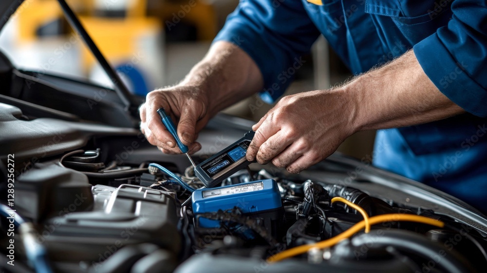 A mechanic in blue overalls works on a car engine A mechanic in blue overalls works on a car engine