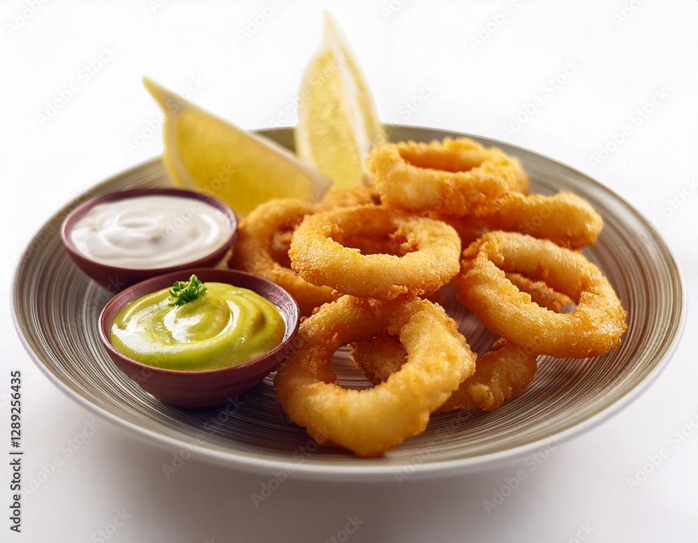 Fotografía de estudio profesional de un Plato de anillos de calamares fritos con boles pequeños de limón y salsa picante de alioli, de fondo blanco, 4k, ultra realista. Fotografía de estudio profesional de un Plato de anillos de calamares fritos con boles pequeños de limón y salsa picante de alioli, de fondo blanco, 4k, ultra realista.