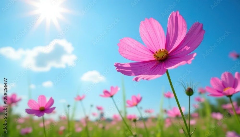Pink cosmos flowers unfurl their delicate petals against a radiant blue sky and verdant greenery, natural scenery, blue sky Pink cosmos flowers unfurl their delicate petals against a radiant blue sky and verdant greenery, natural scenery, blue sky