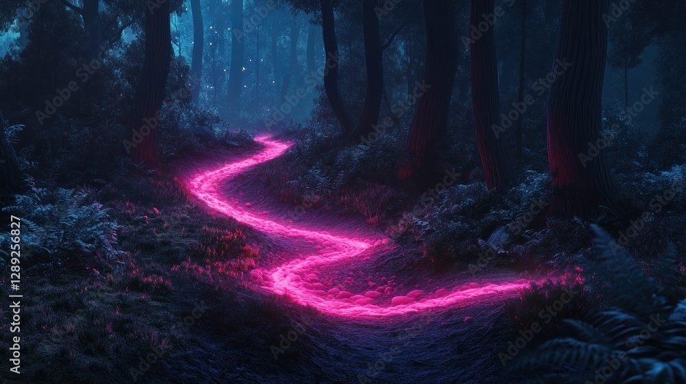 Fototapeta premium Enchanted Forest Path: A Glowing Pink Trail Through the Night
