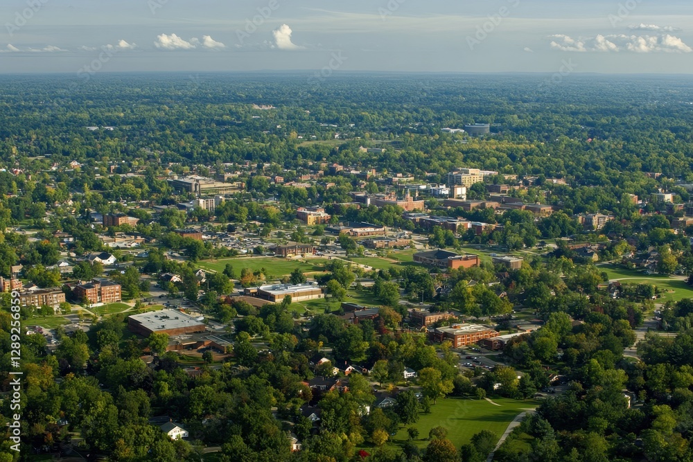 Obraz premium Aerial Perspective of Kent, Ohio: Exploring the Charm of a Small Midwestern Town and Kent State University