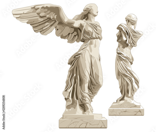 Winged Victory of Samothrace 3D sculpture, classical statue isolated, transparent background, 3D rendering, Greek art, ancient sculpture, historical landmark, victory statue