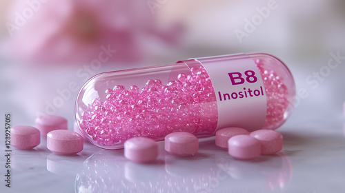 Inositol capsules and tablets displayed on a marble surface with pastel background highlighting health and wellness