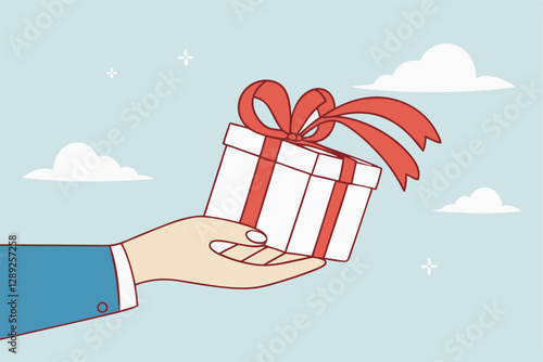 Gift reward program, bonus or surprise present for customer, employee reward or lucky prize, birthday gift box or festive incentive, special loyalty program concept, hand giving gift box with ribbon.