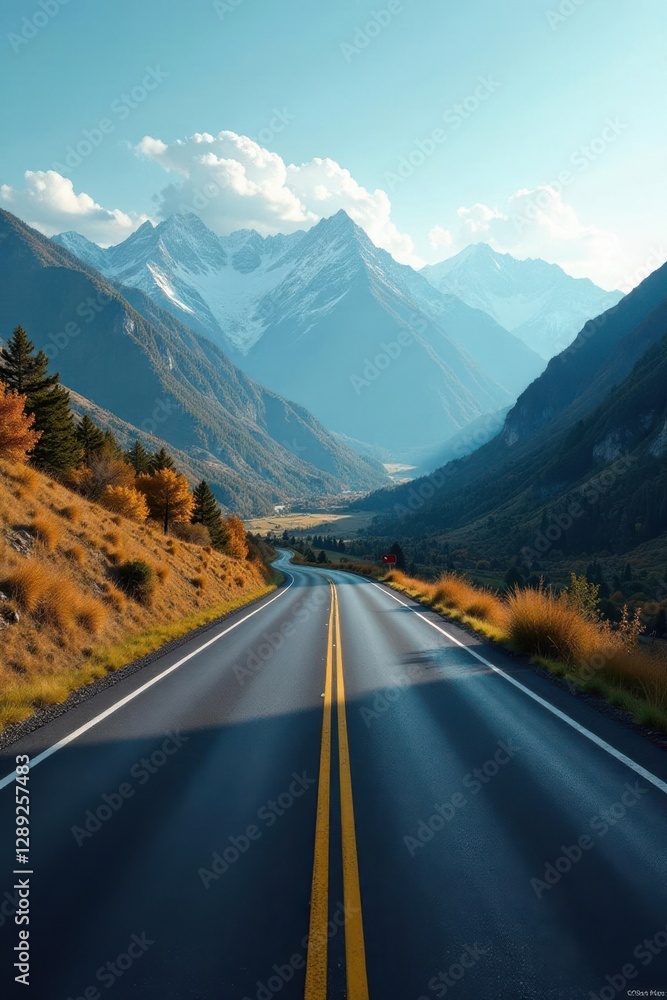 Fototapeta premium Long winding road with mountains in the distance, mountains, landscape, highway