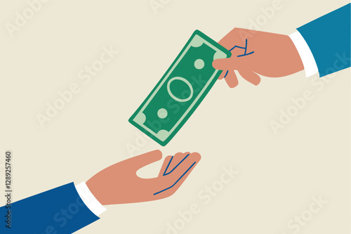 Borrow money from friend, debt and loan, incentive or bonus payment, credit or lending concept, businessman hand giving money banknote to friend's hand.