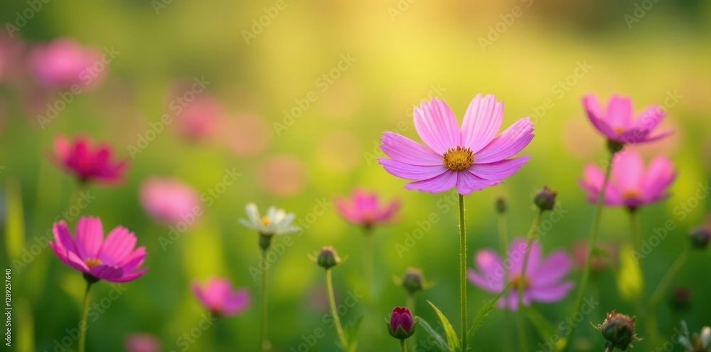 Pink cosmos flowers bloom in a lush green field with tall grasses and wildflowers, purple, cosmos Pink cosmos flowers bloom in a lush green field with tall grasses and wildflowers, purple, cosmos
