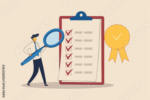 Standard, quality control or certified approval, corporate policy or compliance, guarantee checklist document, assurance concept, businessman hold magnifying glass with standard QC badge document.