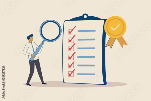 Standard, quality control or certified approval, corporate policy or compliance, guarantee checklist document, assurance concept, businessman hold magnifying glass with standard QC badge document.