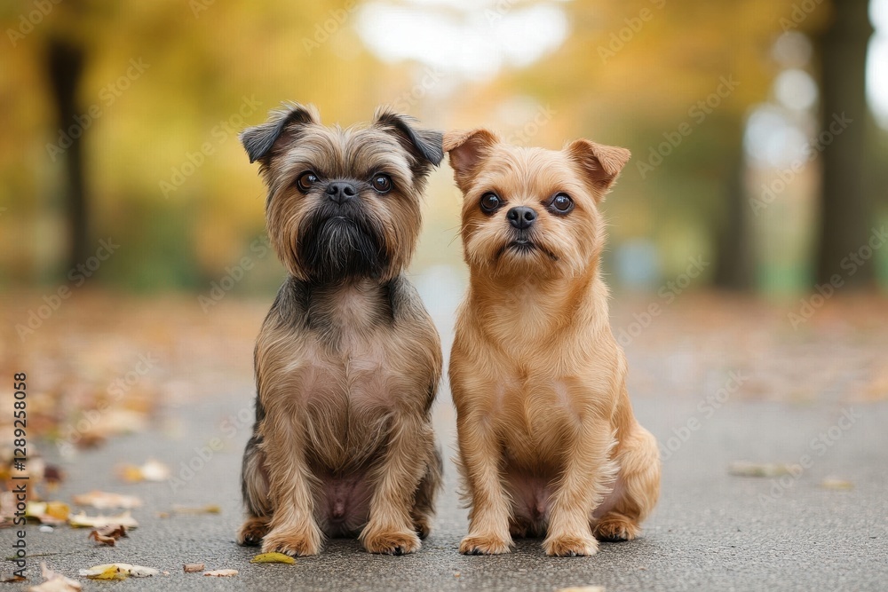 Adorable Brussels Griffon Duo Relaxing Outdoors on Autumn Concrete - Active and Beautiful Brown Canines from Belgium Adorable Brussels Griffon Duo Relaxing Outdoors on Autumn Concrete - Active and Beautiful Brown Canines from Belgium