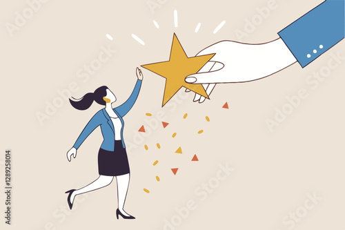 Employee success recognition, encourage and motivate best performance, cheering or honor on success or achievement concept, winning confidence businesswoman standing on big hand getting star reward.