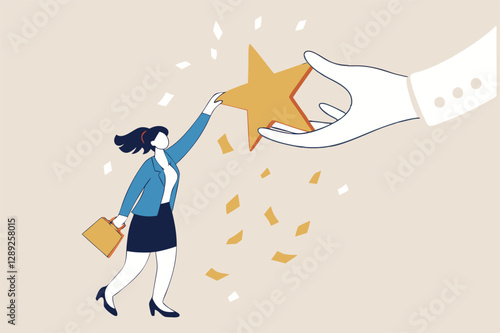 Employee success recognition, encourage and motivate best performance, cheering or honor on success or achievement concept, winning confidence businesswoman standing on big hand getting star reward.