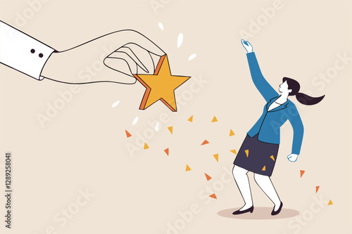 Employee success recognition, encourage and motivate best performance, cheering or honor on success or achievement concept, winning confidence businesswoman standing on big hand getting star reward.