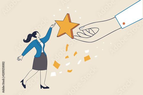 Employee success recognition, encourage and motivate best performance, cheering or honor on success or achievement concept, winning confidence businesswoman standing on big hand getting star reward.