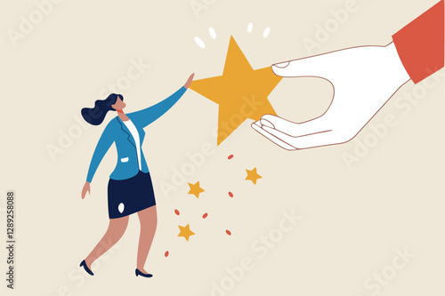 Employee success recognition, encourage and motivate best performance, cheering or honor on success or achievement concept, winning confidence businesswoman standing on big hand getting star reward.