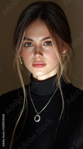 Portrait of a woman with stunning features wearing a black turtleneck and silver necklace in soft lighting at an indoor location