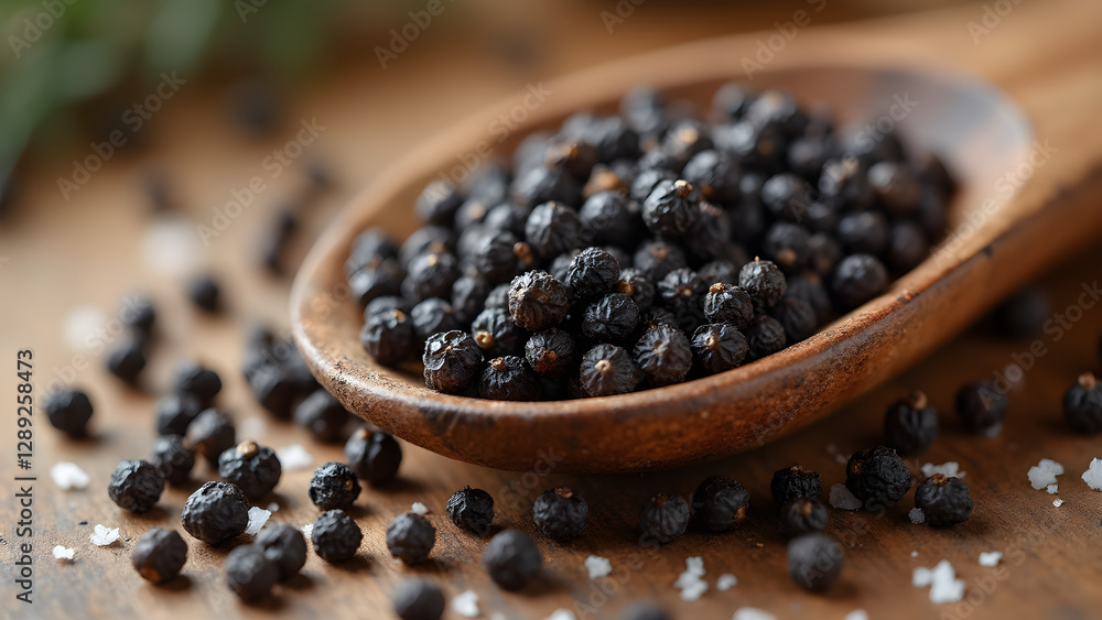 Macro shot of black peppercorns. Sea salt on wooden spoon. Cooking ingredients close-up. Ultra realistic food photography. Macro shot of black peppercorns. Sea salt on wooden spoon. Cooking ingredients close-up. Ultra realistic food photography.