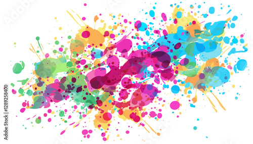 Multicolored abstract paint splatter, vector rainbow explosion of powder cloud, artistic splash effect, vibrant color burst, ink spray decoration, transparent background, creative artistic design