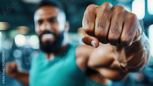 A well-defined fist is powerfully captured in motion, showcasing a vigorous workout routine that emphasizes strength, vigor, and the energetic atmosphere of a fitness journey.