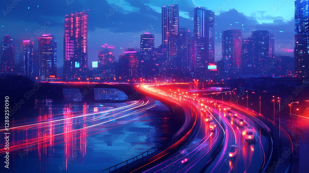 Fototapeta premium Panoramic view of twilight cityscape with light trail on urban bridge on riverside highway. riverside city panorama with bright car trails after sunset. Metropolis of Light Beams. Illustration