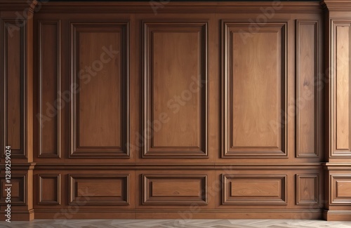 Classic brown wooden wall paneling with rectangular frames. Interior design features wood texture with decorative moulding. Traditional style cabinet, boiserie design for elegant home decor