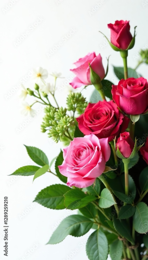 White background with lush rose bouquet and greenery, white, natural White background with lush rose bouquet and greenery, white, natural