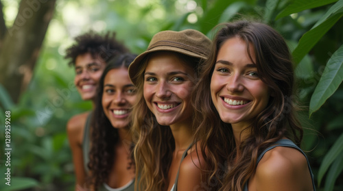 Fototapeta Naklejka Na Ścianę i Meble -  Happy young women adventure lovers in the jungle