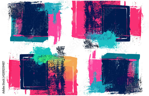 Glitch effect vector abstract stamp overprint with distressed grunge texture, vignette boxes, transparent background, vintage, worn, overlay, distortion, print, ink, scratch, static, rough
