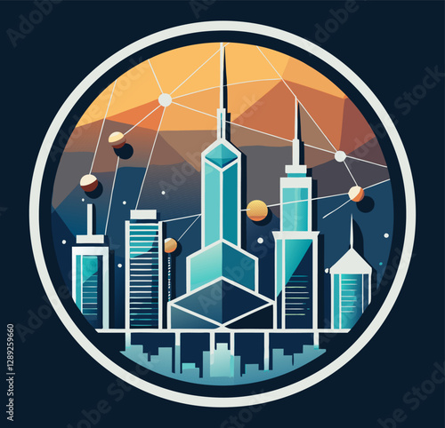 Modern cityscape with interconnected skyscrapers rising from a low poly landscape, surrounded by celestial bodies and contained within a circular frame, evoking a futuristic urban environment