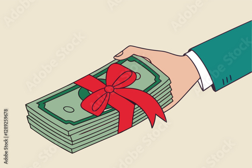 Paying extra bonus money to employee, special gift more salary or premium payment for high performance worker concept, businessman boss hand giving banknotes cash with reward ribbon.