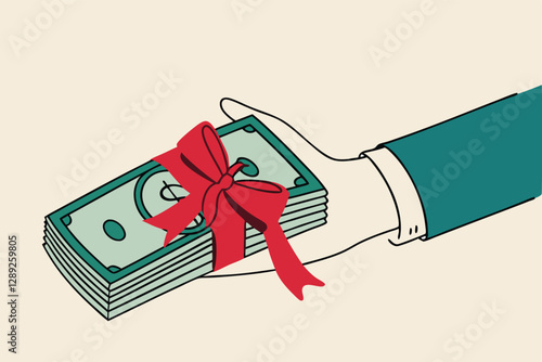 Paying extra bonus money to employee, special gift more salary or premium payment for high performance worker concept, businessman boss hand giving banknotes cash with reward ribbon.