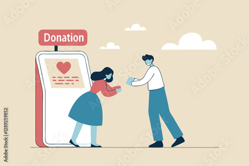 Charity donation, donate online with care to help and support people, giving money or volunteer, mobile social app to help other people concept, man and woman put heart shape into mobile donation app.