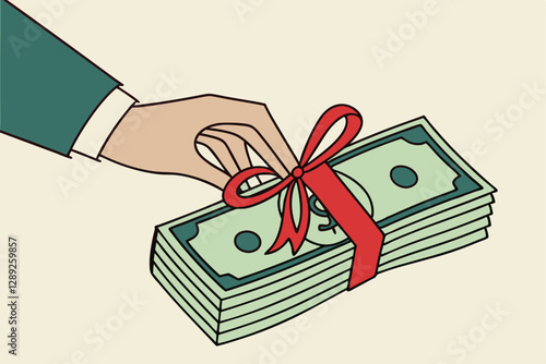 Paying extra bonus money to employee, special gift more salary or premium payment for high performance worker concept, businessman boss hand giving banknotes cash with reward ribbon.