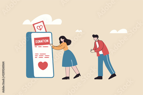 Charity donation, donate online with care to help and support people, giving money or volunteer, mobile social app to help other people concept, man and woman put heart shape into mobile donation app.