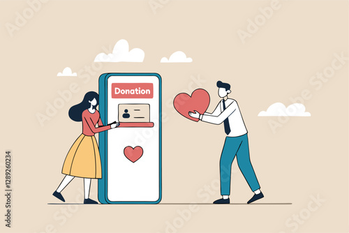 Charity donation, donate online with care to help and support people, giving money or volunteer, mobile social app to help other people concept, man and woman put heart shape into mobile donation app.