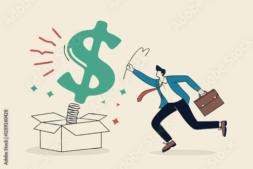 Surprise money or reward, bonus or salary raise, investment profit, dividend or high return stock, lucky giveaway or winning prize concept, happy businessman jumping high opening surprise money box.