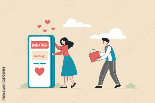 Charity donation, donate online with care to help and support people, giving money or volunteer, mobile social app to help other people concept, man and woman put heart shape into mobile donation app.