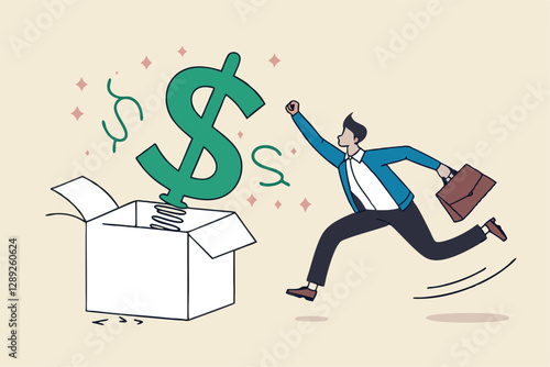 Surprise money or reward, bonus or salary raise, investment profit, dividend or high return stock, lucky giveaway or winning prize concept, happy businessman jumping high opening surprise money box.