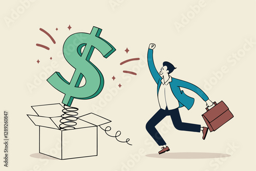 Surprise money or reward, bonus or salary raise, investment profit, dividend or high return stock, lucky giveaway or winning prize concept, happy businessman jumping high opening surprise money box.