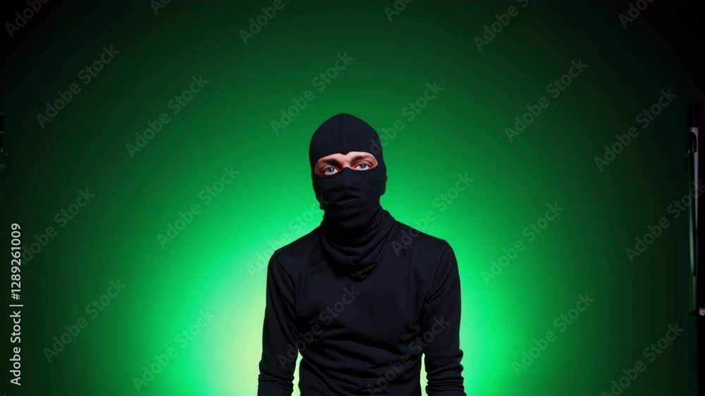 Stylish individual in a mask, set against lush greenery, creating a bold artistic statement Stylish individual in a mask, set against lush greenery, creating a bold artistic statement