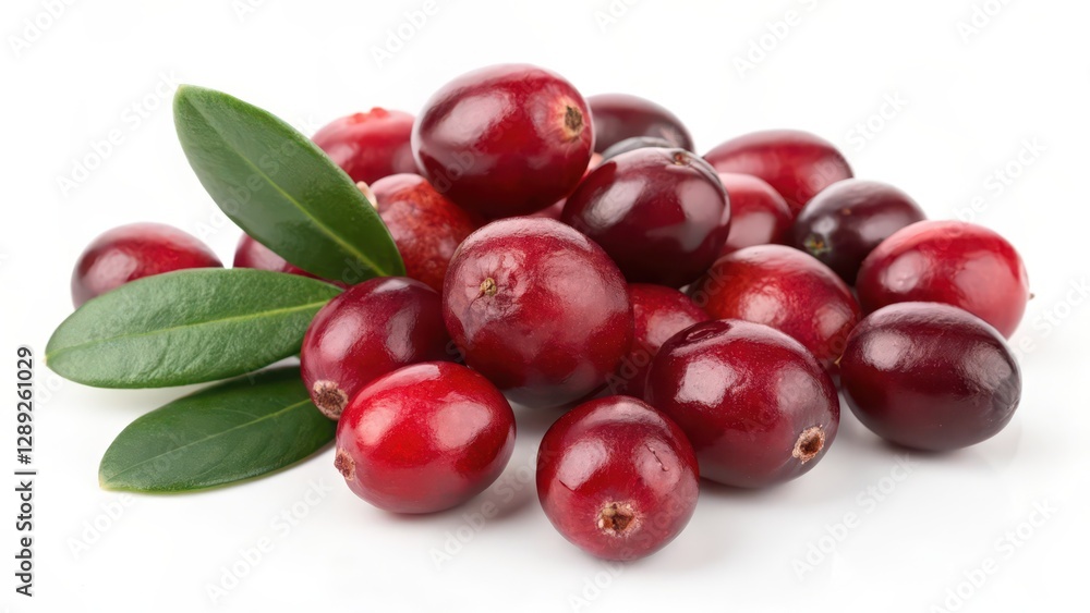 Cranberries with Leaves on White Background Cranberries with Leaves on White Background