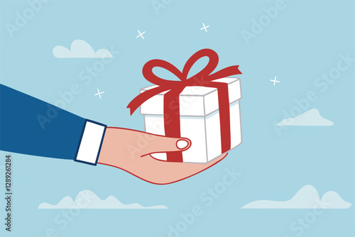 Gift reward program, bonus or surprise present for customer, employee reward or lucky prize, birthday gift box or festive incentive, special loyalty program concept, hand giving gift box with ribbon.