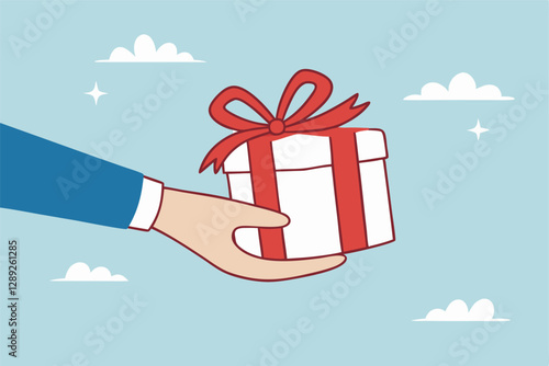 Gift reward program, bonus or surprise present for customer, employee reward or lucky prize, birthday gift box or festive incentive, special loyalty program concept, hand giving gift box with ribbon.